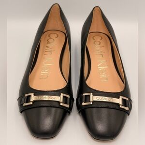 Calvin Klein Crystil Tailored Ballet Flats Black Leather Square Toe 7.5M NWT